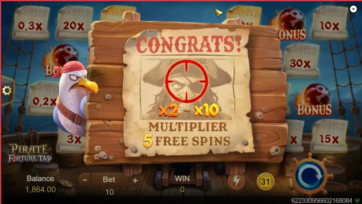 Tampilan layar permainan Pirate Fortune Tap dengan tema bajak laut dan meriam.