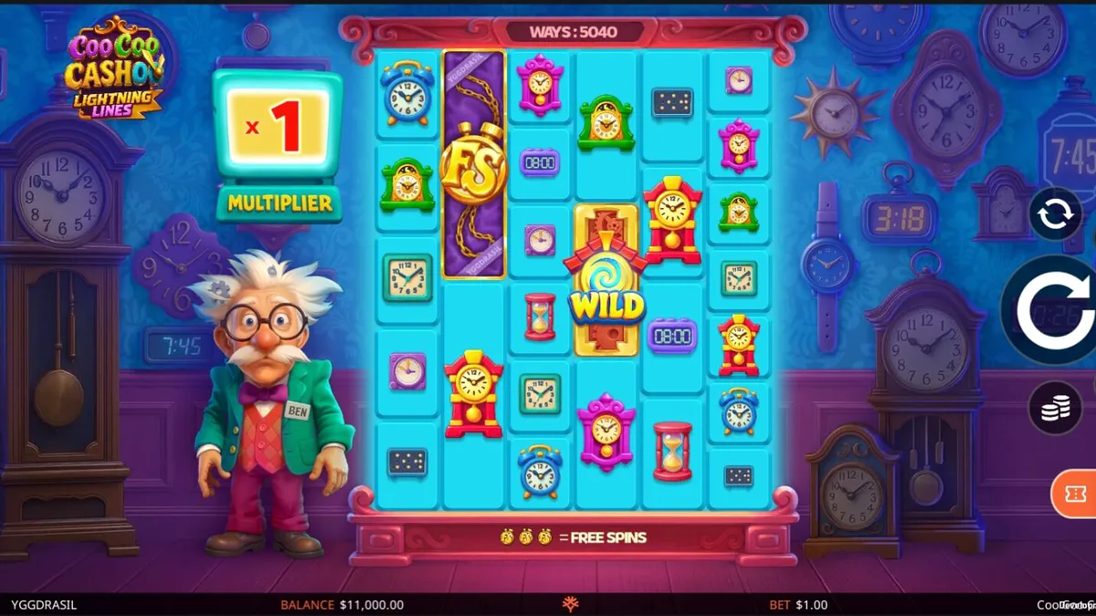 Tampilan visual slot Coo Coo Cashoo dengan tema bengkel jam antik dan karakter penemu eksentrik.