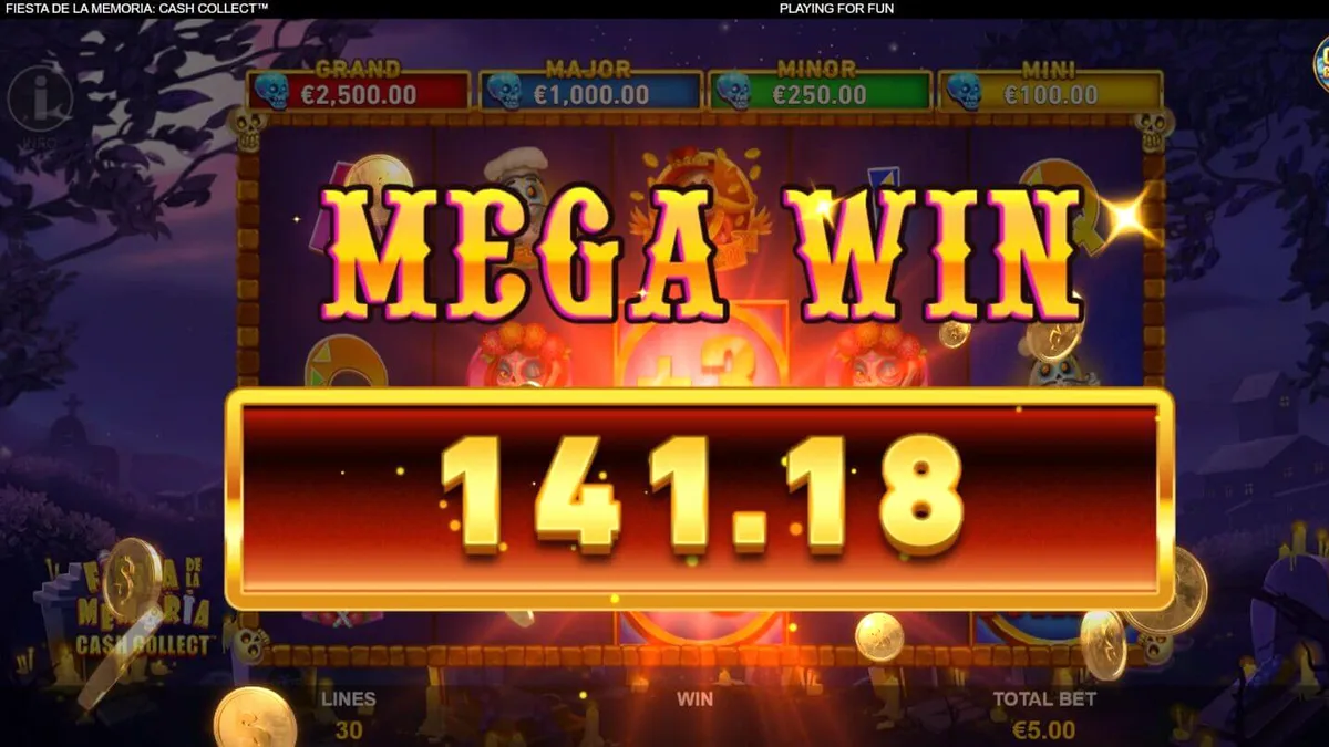 Tampilan visual slot Fiesta de la Memoria Cash Collect dengan nuansa neon Día de los Muertos